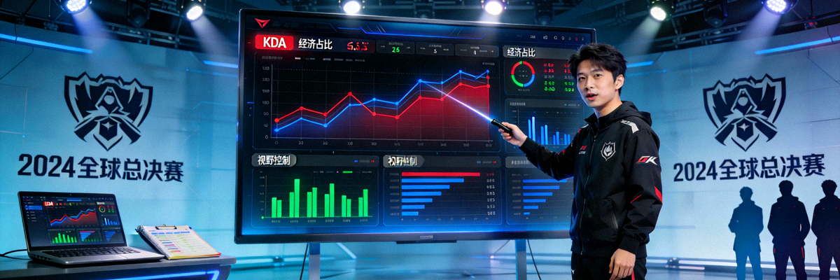 电竞数据分析师正在大屏幕前讲解复杂的战队数据图表