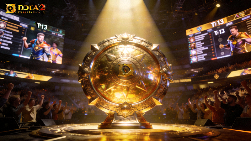 DOTA2国际邀请赛TI13比赛现场，巨大的冠军神盾奖杯在聚光灯下