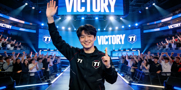 T1战队选手Faker在比赛胜利后向观众致意