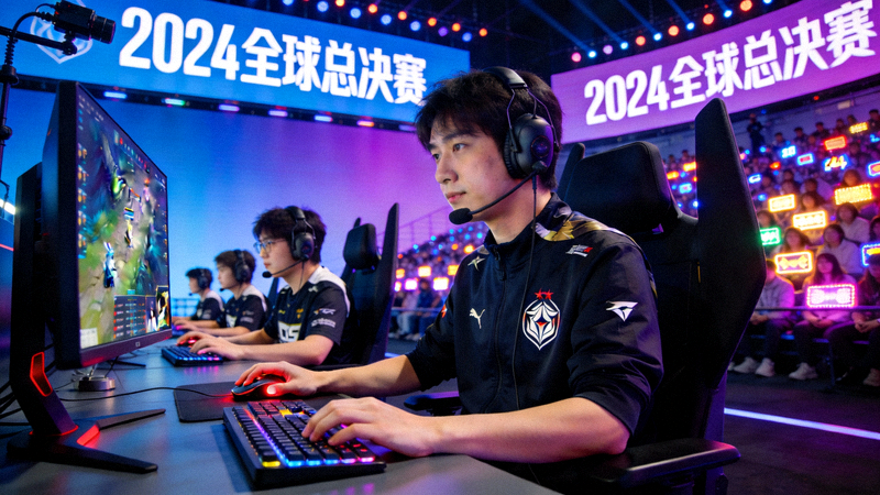 英雄联盟全球总决赛S14比赛现场，选手在竞技台上激烈对战